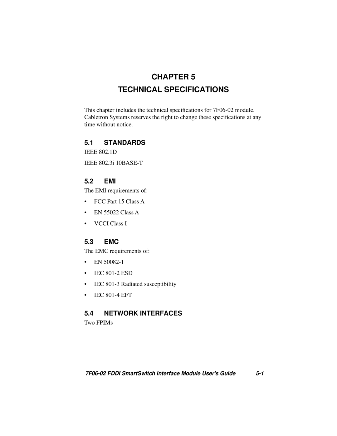 Cabletron Systems FDDI manual Chapter Technical Specifications, Standards, 5.2 EMI, 5.3 EMC, Network Interfaces 