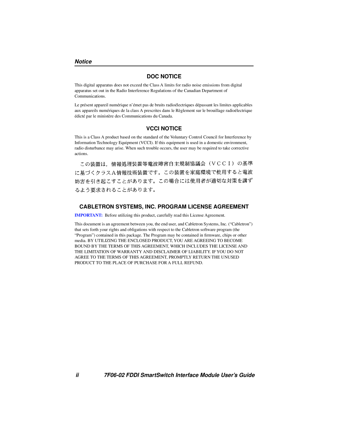 Cabletron Systems FDDI manual Doc Notice, Vcci Notice, Cabletron Systems, Inc. Program License Agreement 