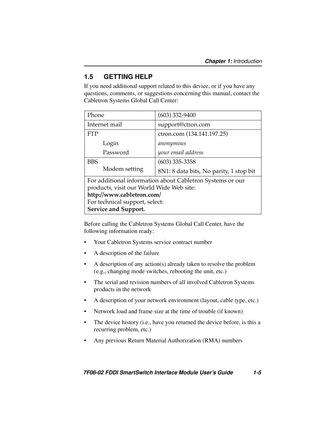 Cabletron Systems FDDI manual Getting Help, Service and Support 