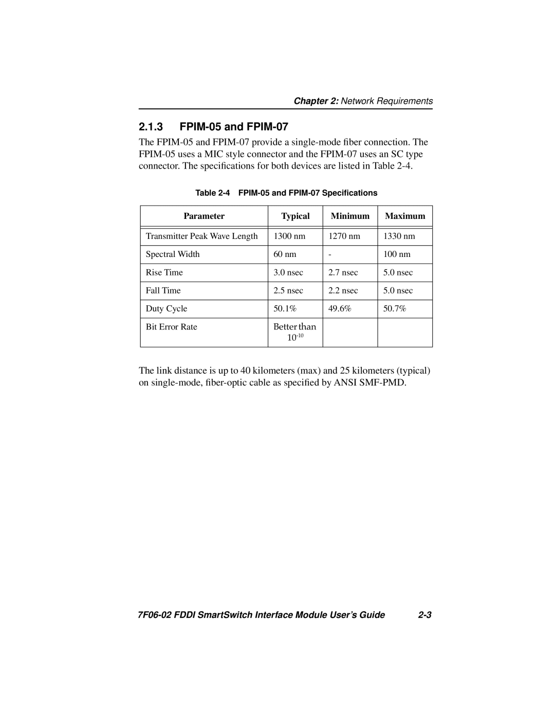 Cabletron Systems FDDI manual FPIM-05 and FPIM-07, Parameter Typical Minimum Maximum 