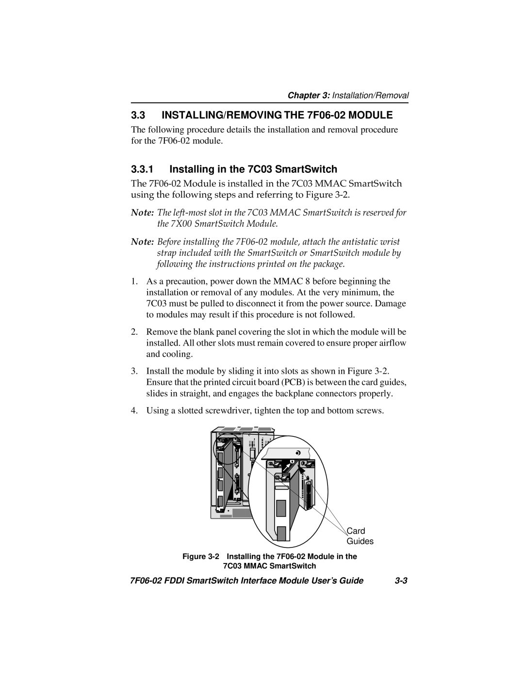 Cabletron Systems FDDI manual INSTALLING/REMOVING the 7F06-02 Module, Installing in the 7C03 SmartSwitch 