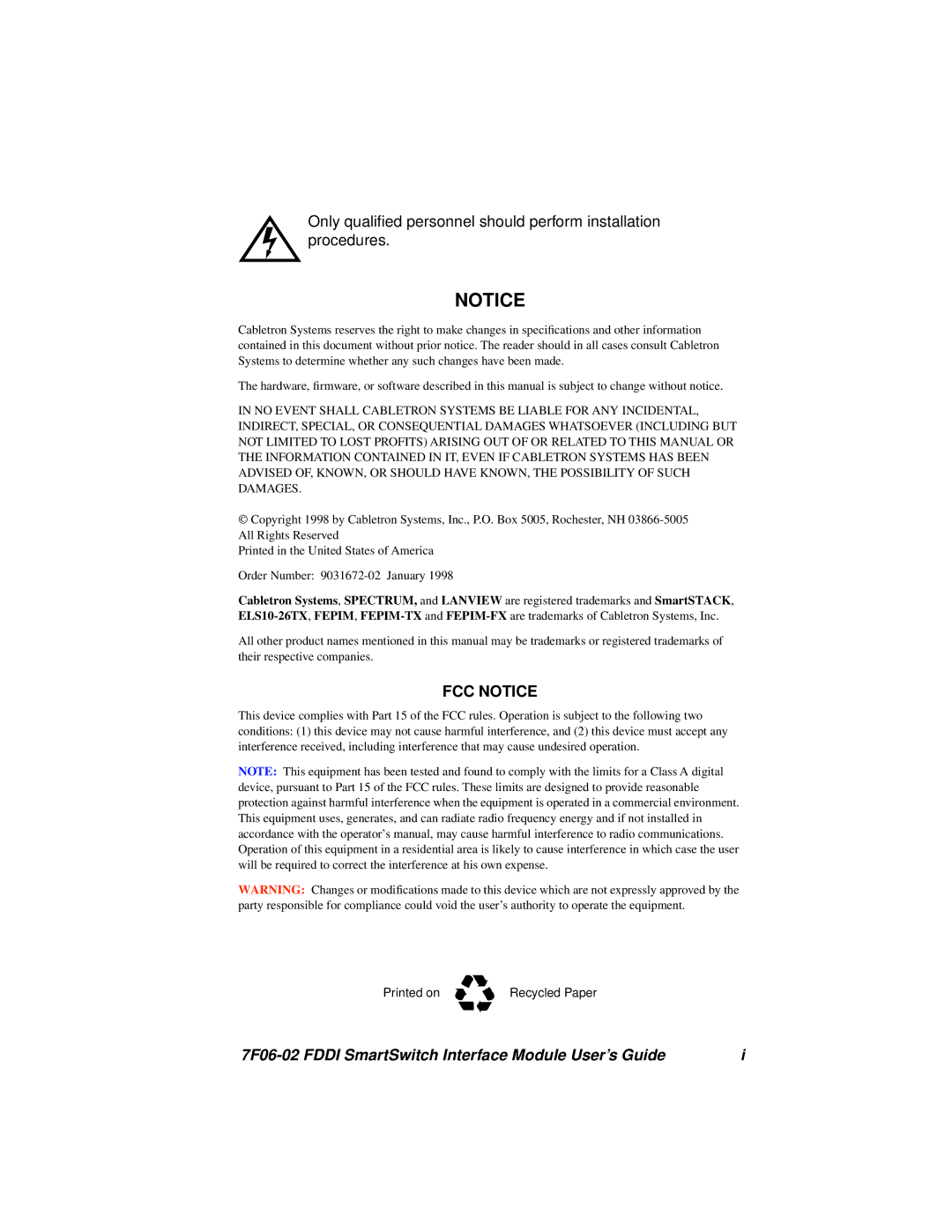 Cabletron Systems FDDI manual FCC Notice, 7F06-02 Fddi SmartSwitch Interface Module User’s Guide 