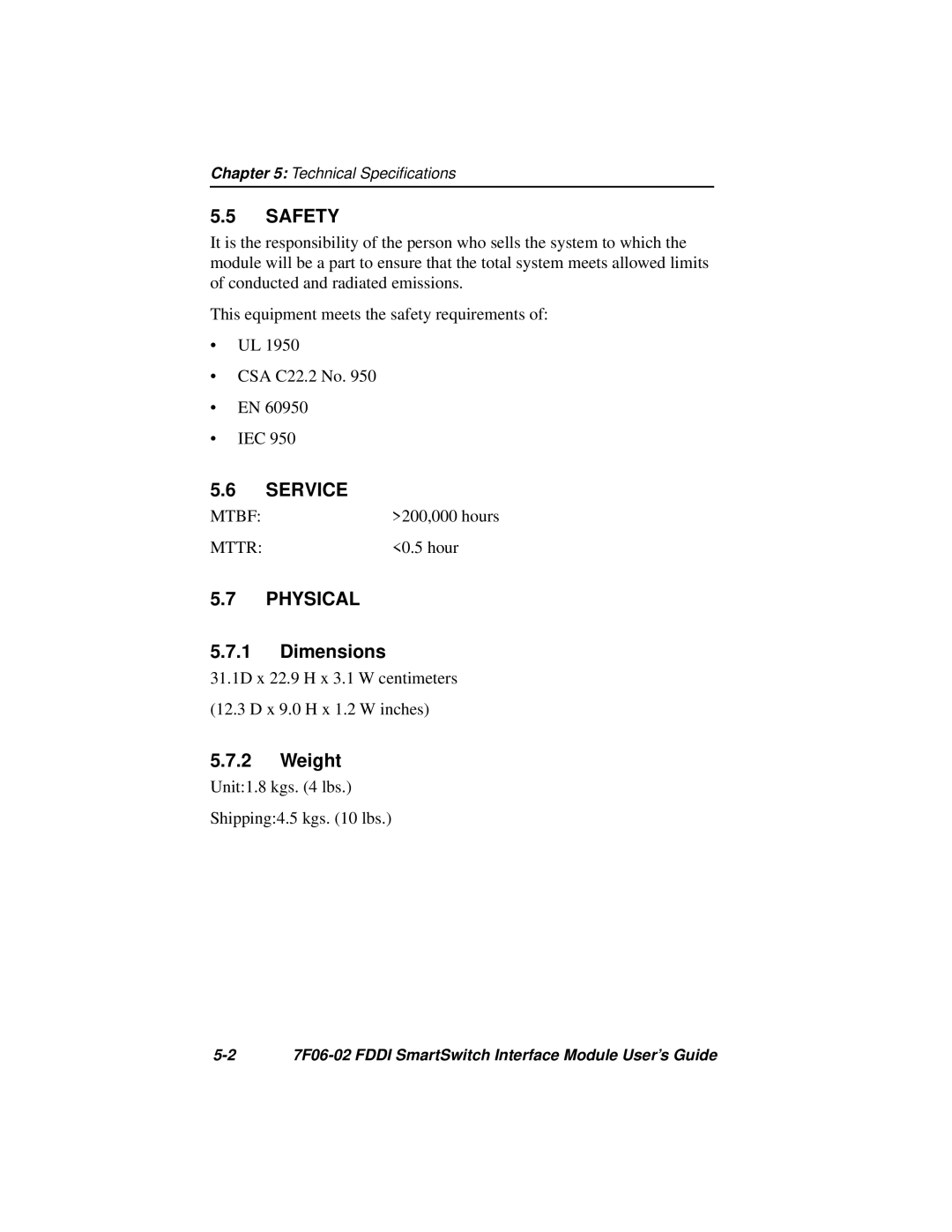 Cabletron Systems FDDI manual Safety, Service, Physical, Dimensions, Weight 