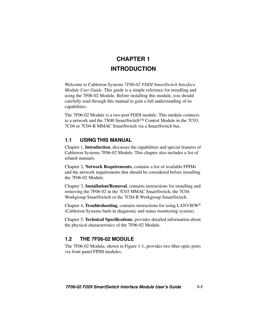 Cabletron Systems FDDI manual Chapter Introduction, Using this Manual, 7F06-02 Module 