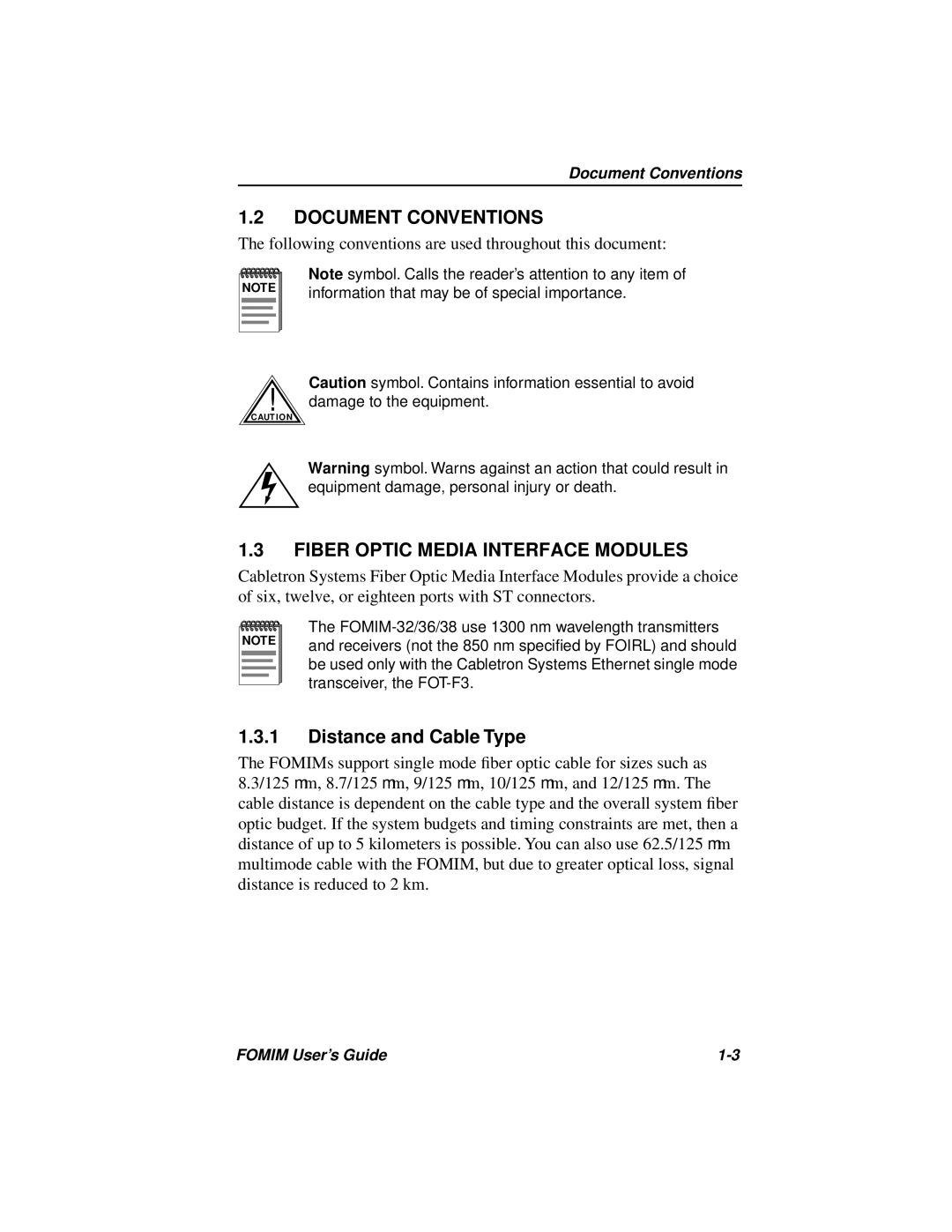 Cabletron Systems 36, FOMIM-32, 38 manual Document Conventions, Fiber Optic Media Interface Modules, Distance and Cable Type 