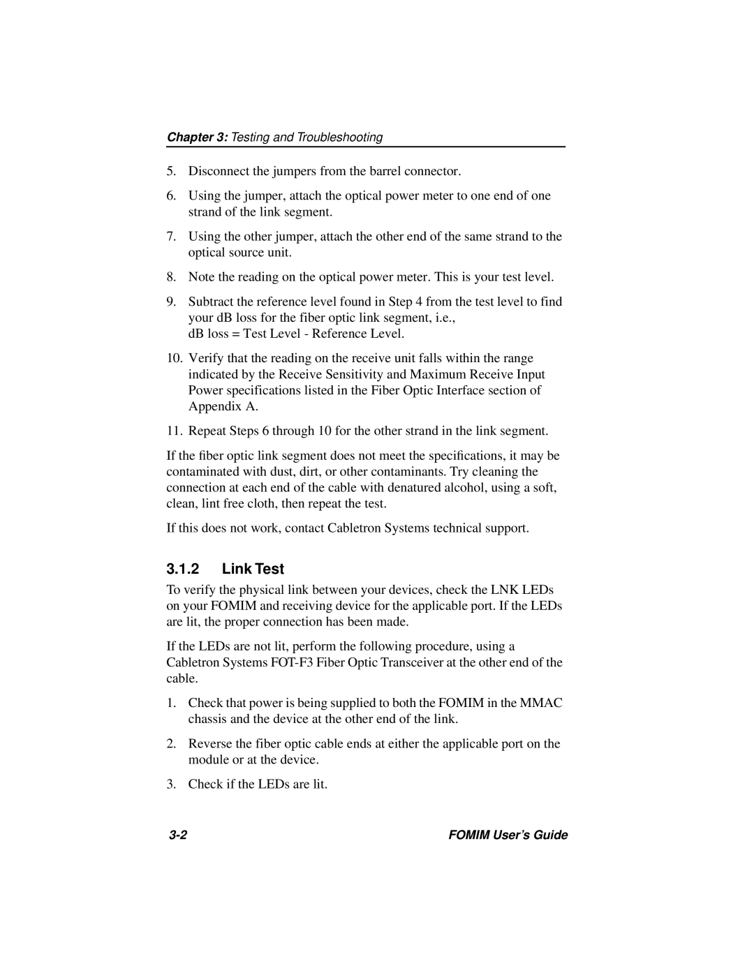 Cabletron Systems 38, FOMIM-32, 36 manual Link Test 