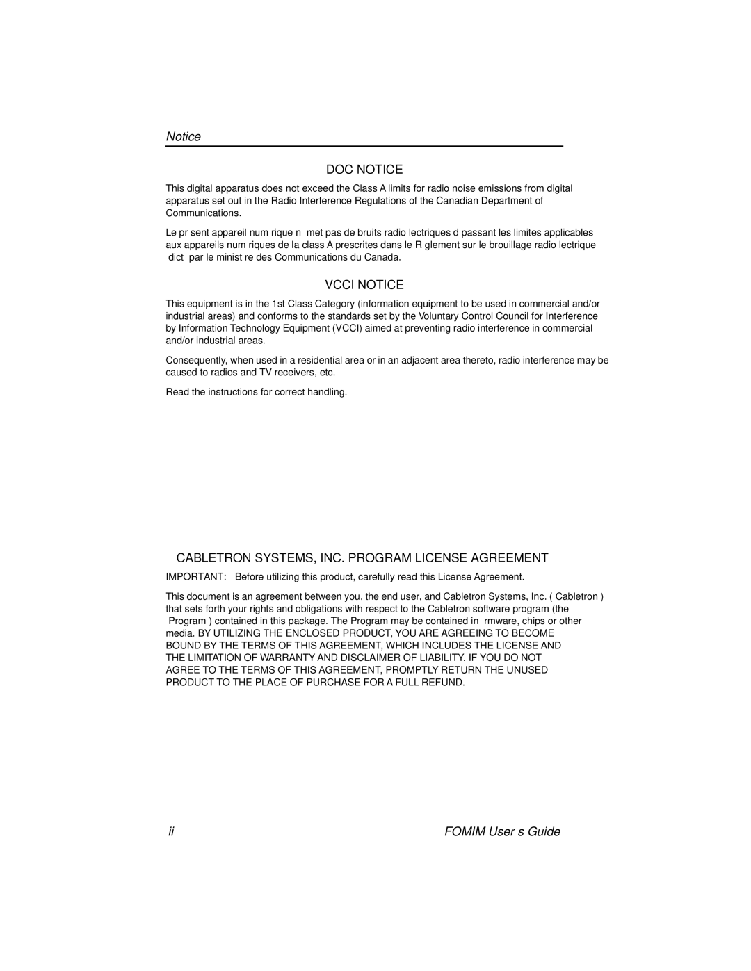 Cabletron Systems FOMIM-32, 36, 38 manual DOC Notice, Vcci Notice, Cabletron SYSTEMS, INC. Program License Agreement 