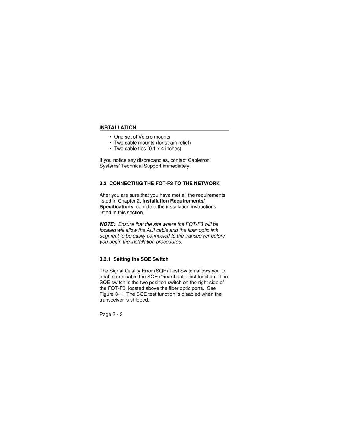 Cabletron Systems user manual Connecting the FOT-F3 to the Network, Setting the SQE Switch 