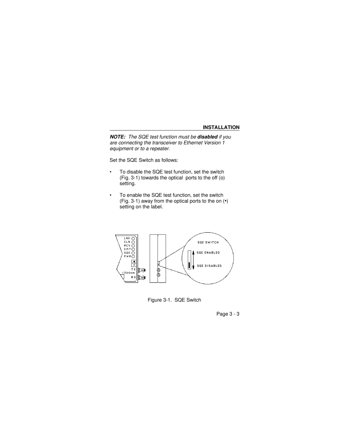 Cabletron Systems FOT-F3 user manual SQE Switch 