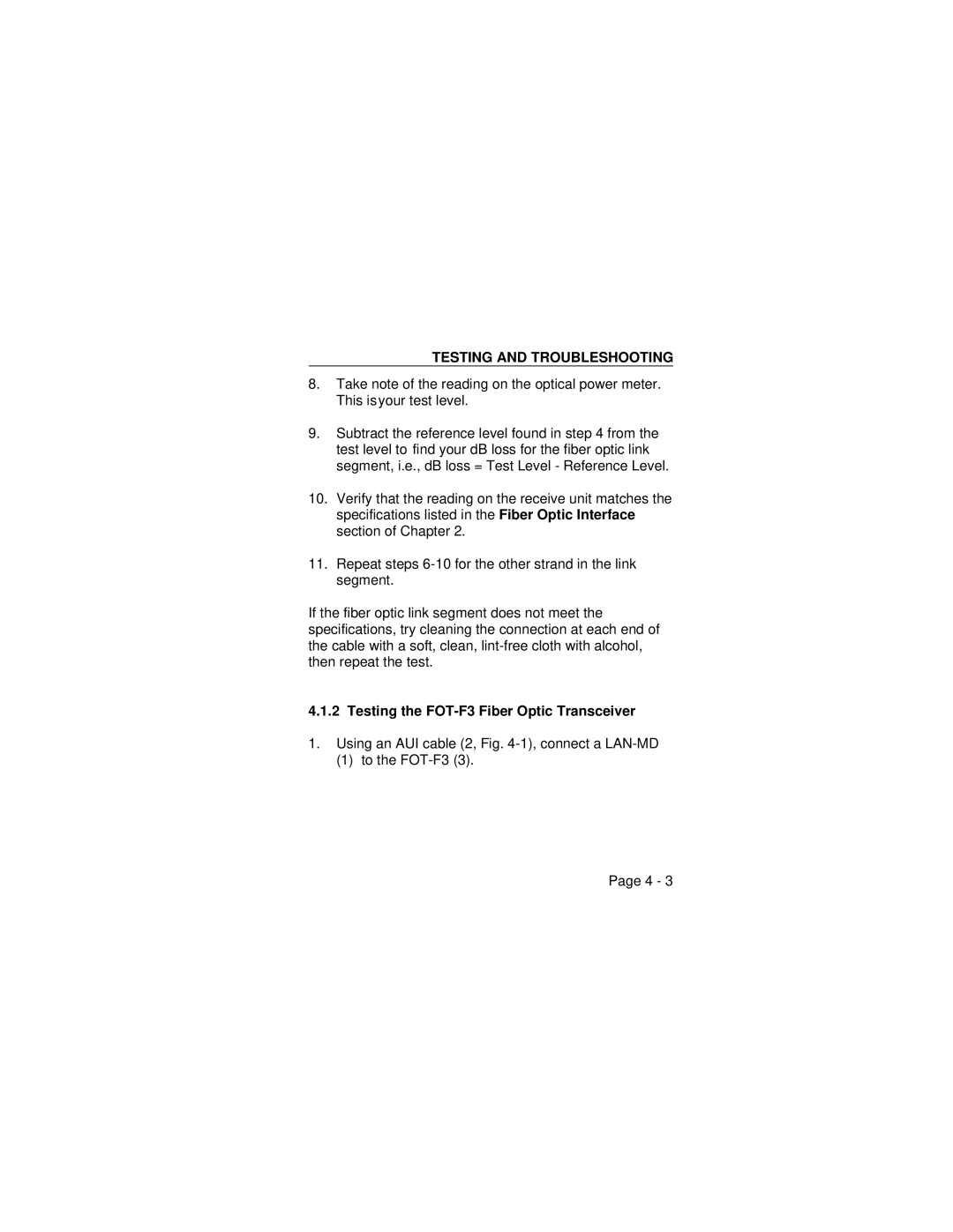 Cabletron Systems user manual Testing the FOT-F3 Fiber Optic Transceiver 