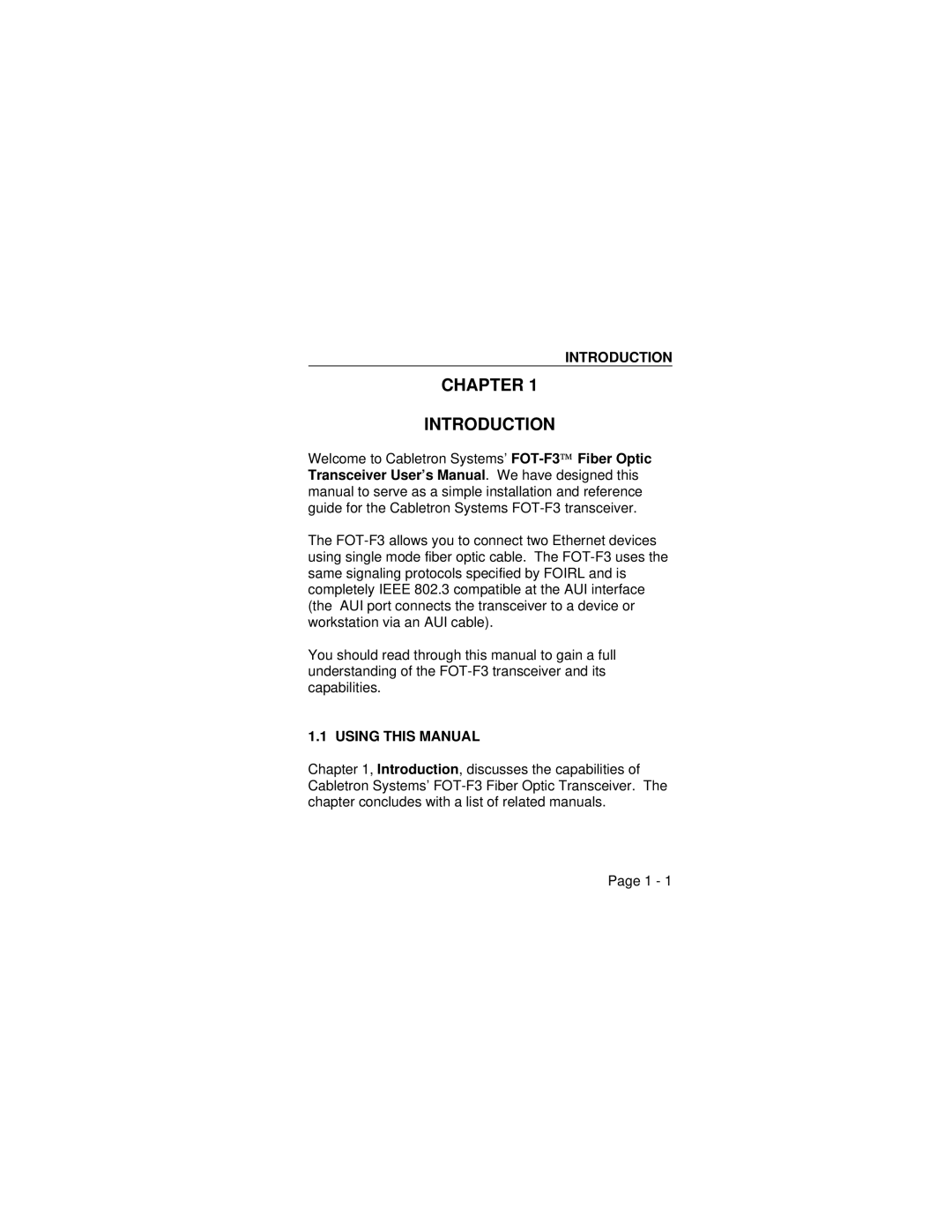 Cabletron Systems FOT-F3 user manual Chapter Introduction, Using this Manual 