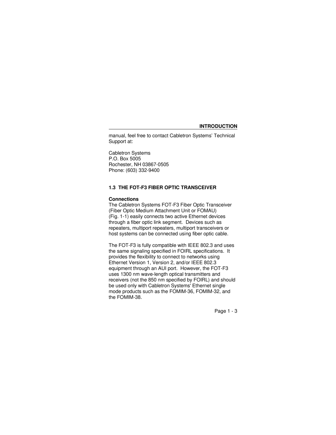 Cabletron Systems user manual FOT-F3 Fiber Optic Transceiver, Connections 