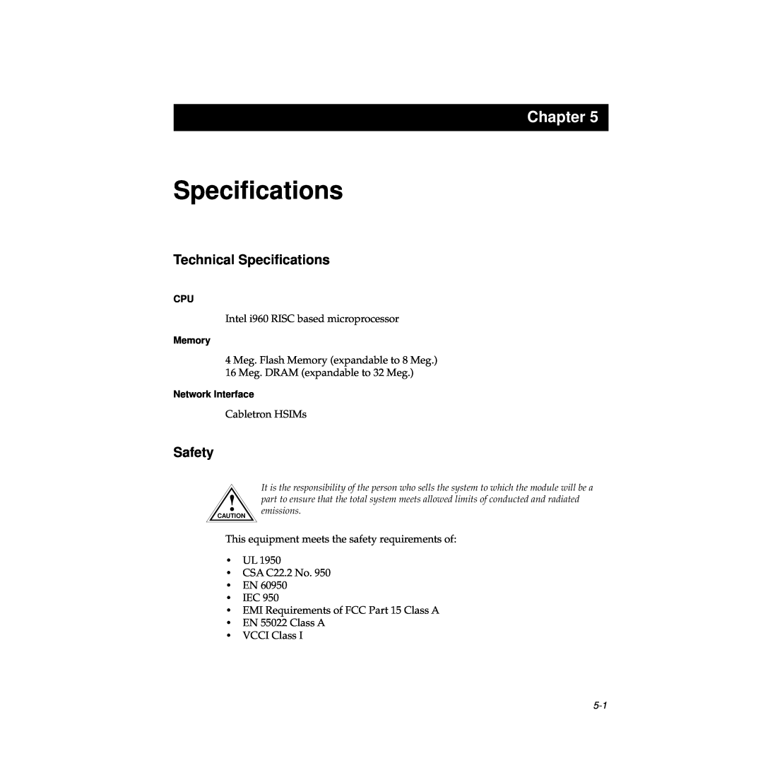 Cabletron Systems FPIM-02 manual Chapter, Technical Speciﬁcations, Safety 