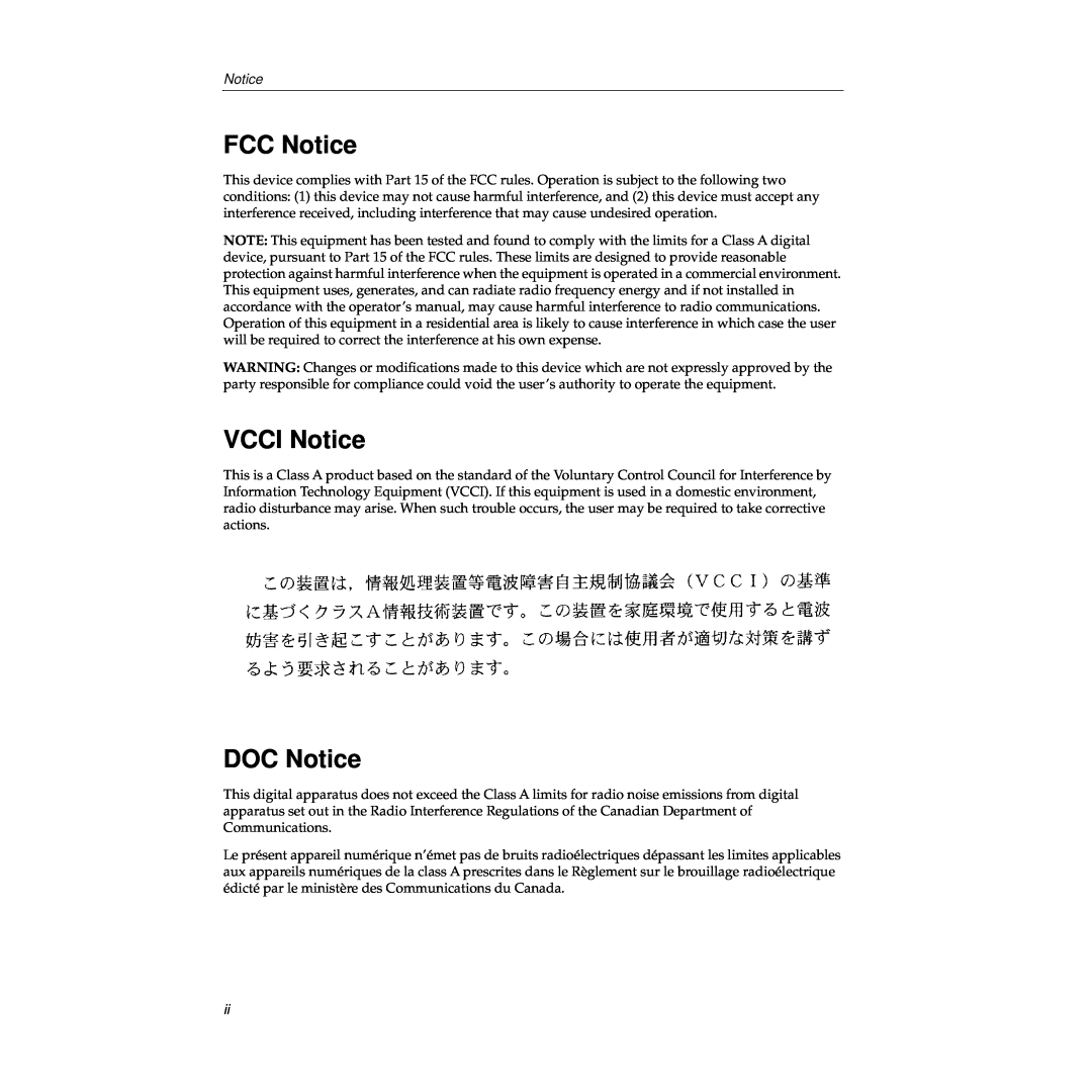 Cabletron Systems FPIM-02 manual FCC Notice, VCCI Notice, DOC Notice 
