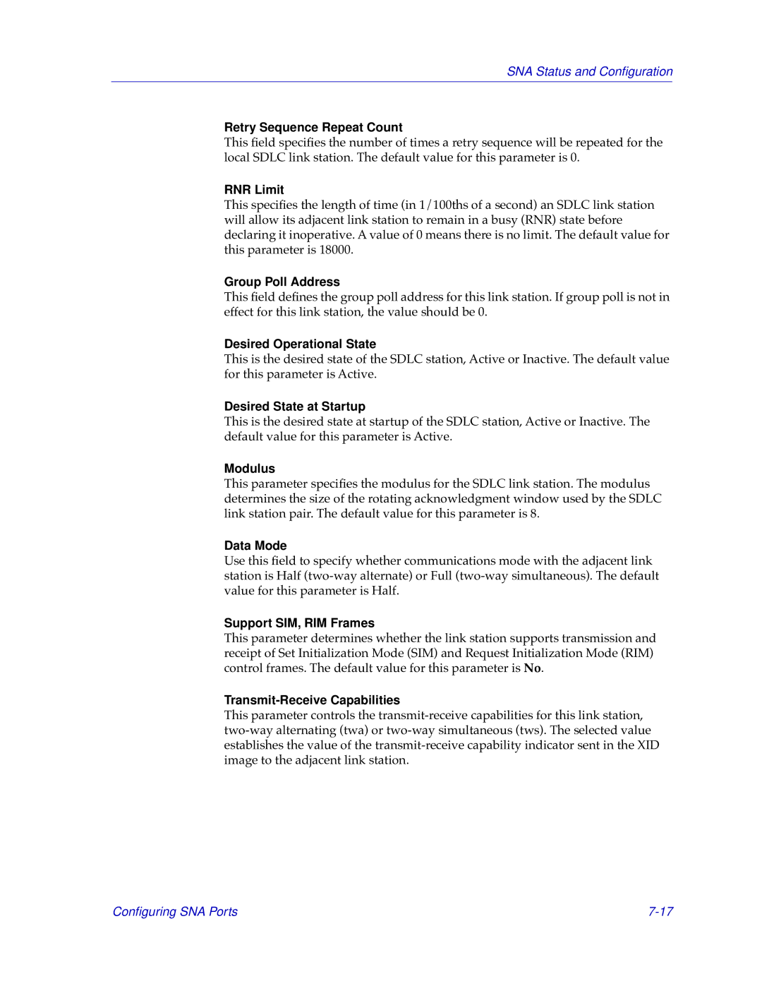 Cabletron Systems FRX4000 Retry Sequence Repeat Count, RNR Limit, Group Poll Address, Desired Operational State, Modulus 