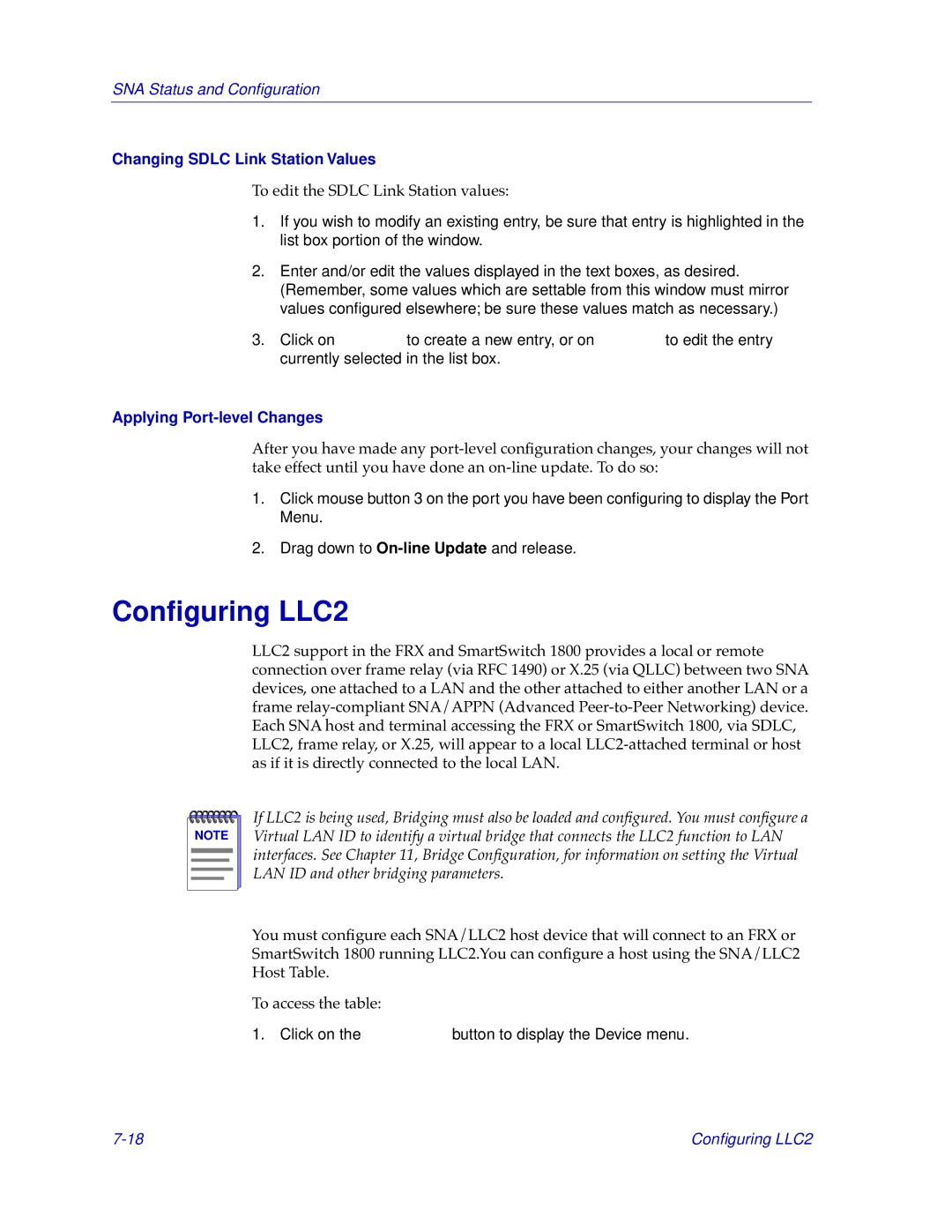 Cabletron Systems FRX6000, FRX4000, 1800 manual Conﬁguring LLC2, Changing Sdlc Link Station Values 