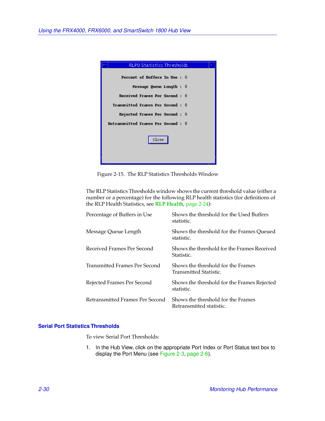 Cabletron Systems FRX6000, FRX4000, 1800 manual Serial Port Statistics Thresholds 