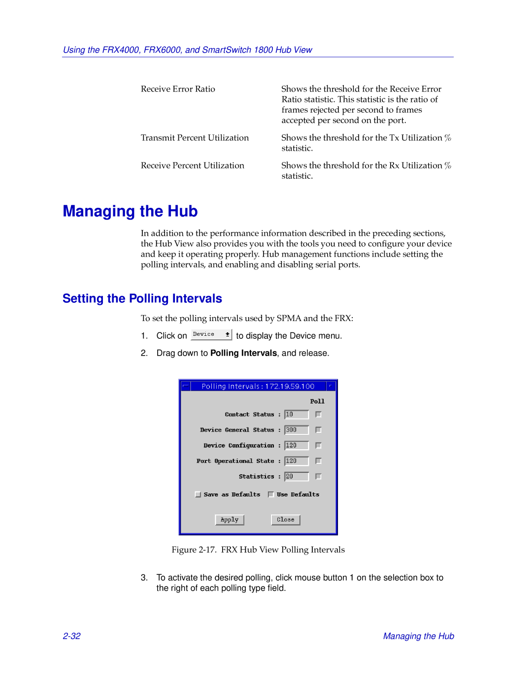 Cabletron Systems FRX4000, FRX6000, 1800 manual Managing the Hub, Setting the Polling Intervals 