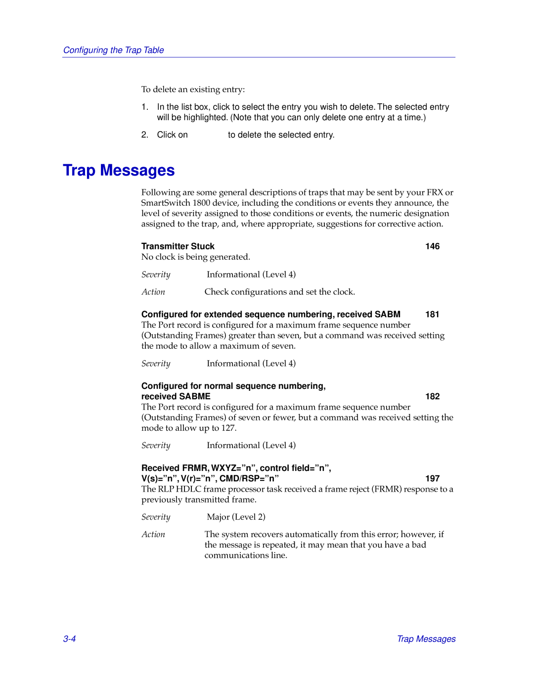 Cabletron Systems FRX4000, FRX6000, 1800 manual Trap Messages, Transmitter Stuck 146, Conﬁgured for normal sequence numbering 
