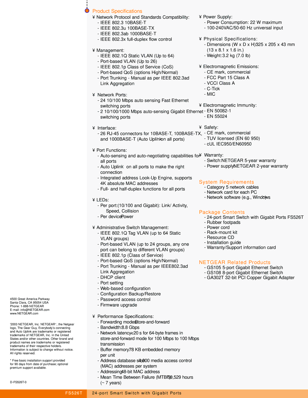 Cabletron Systems FS526T warranty Product Specifications, System Requirements, Package Contents, Netgear Related Products 