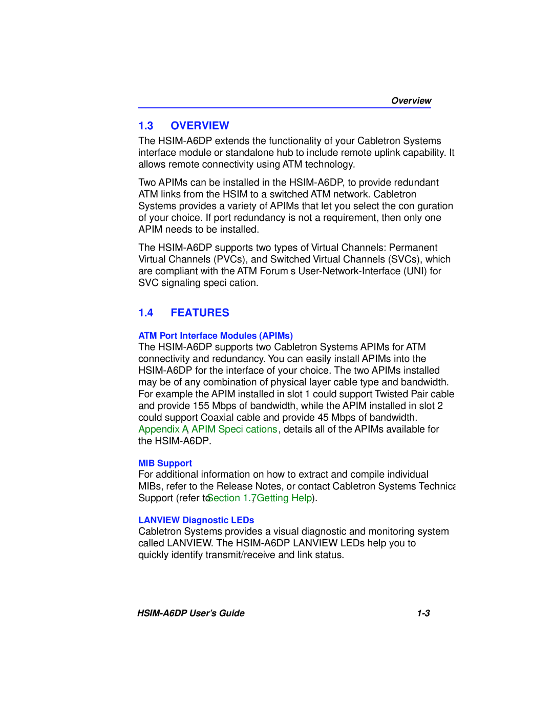 Cabletron Systems HSIM-A6DP manual Overview, Features 