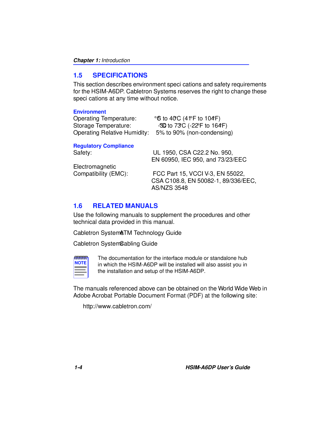 Cabletron Systems HSIM-A6DP manual Specifications, Related Manuals 