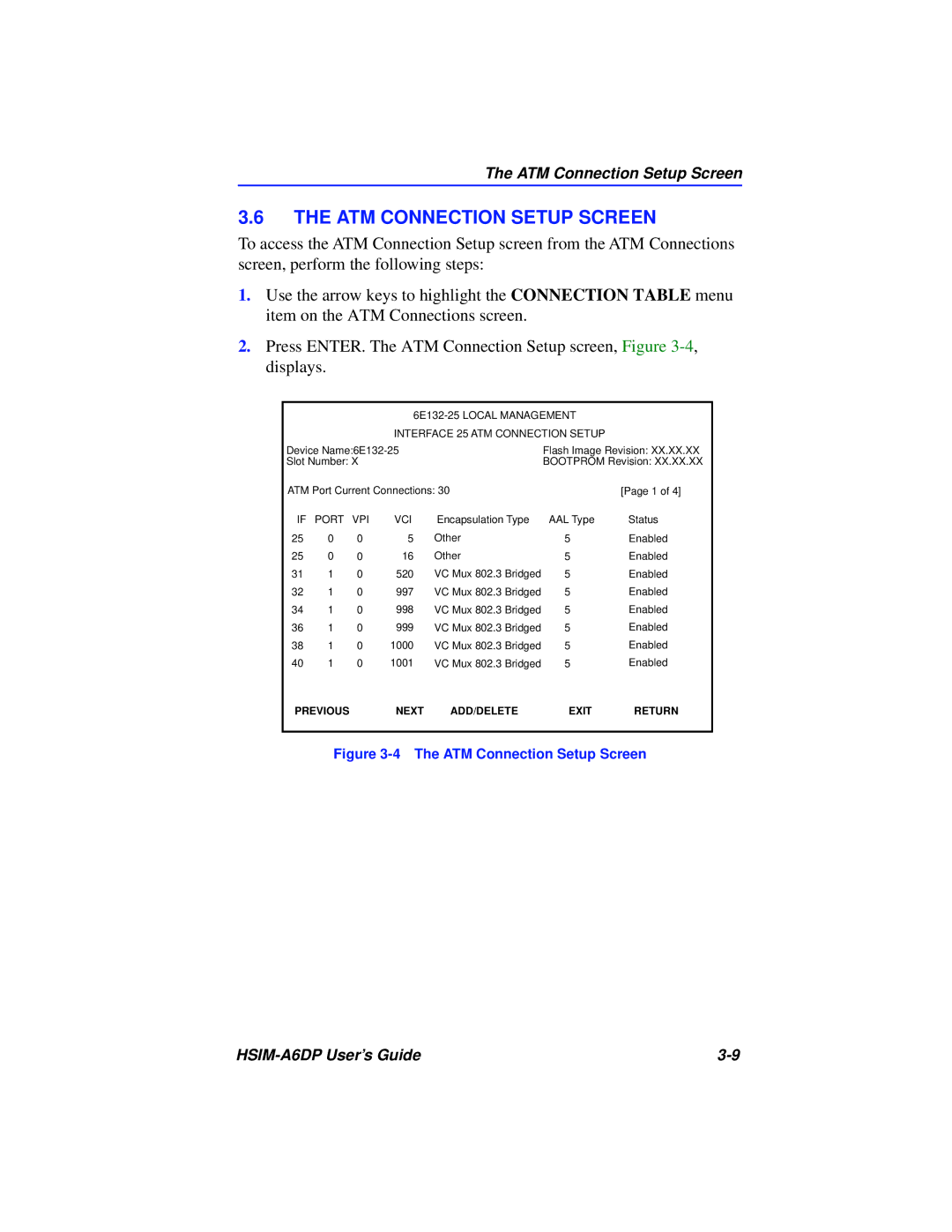 Cabletron Systems HSIM-A6DP manual ATM Connection Setup Screen, 6E132-25 Local Management Interface 25 ATM Connection Setup 