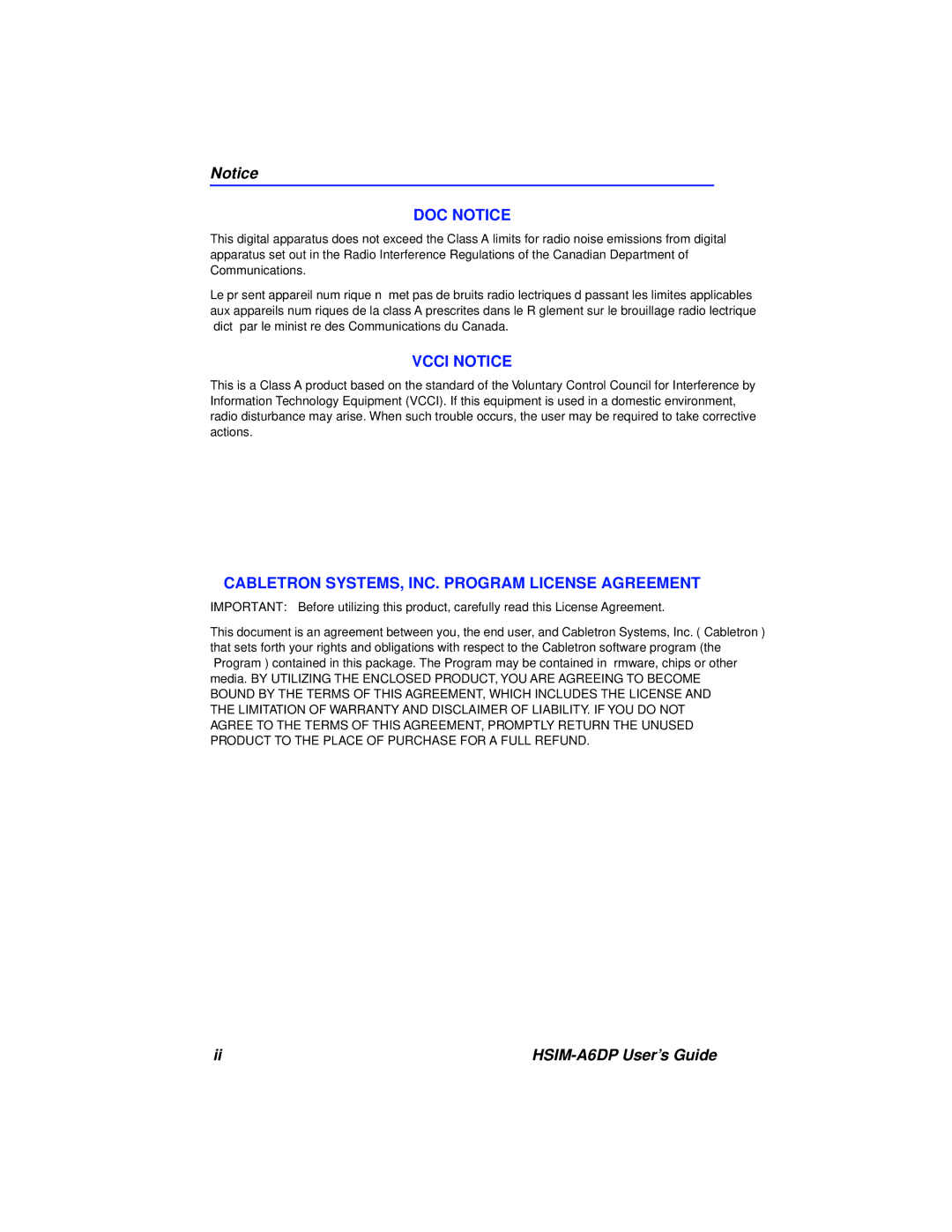 Cabletron Systems HSIM-A6DP manual DOC Notice 