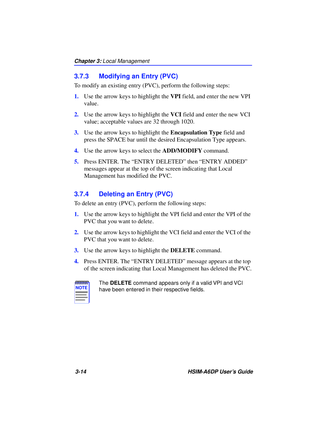 Cabletron Systems HSIM-A6DP manual Modifying an Entry PVC, Deleting an Entry PVC 