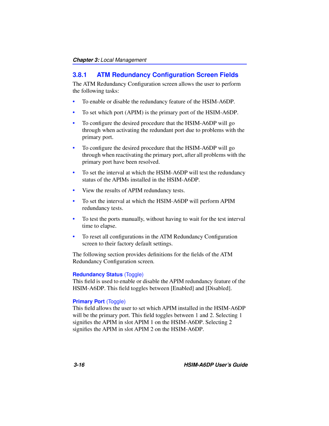 Cabletron Systems HSIM-A6DP manual ATM Redundancy Conﬁguration Screen Fields 