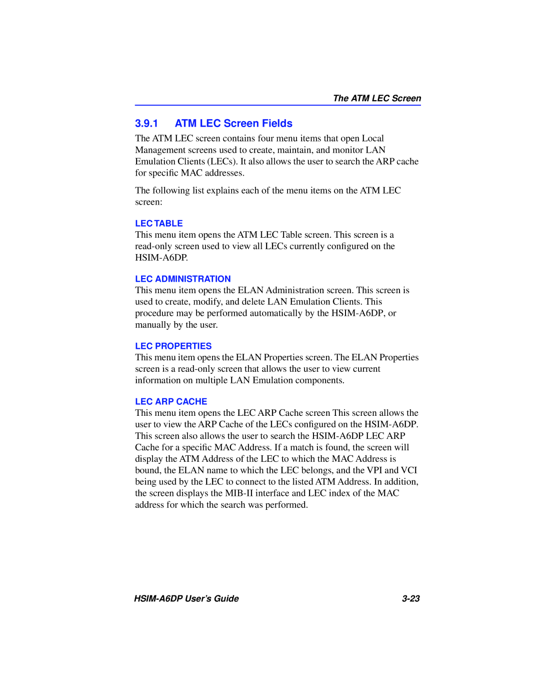 Cabletron Systems HSIM-A6DP manual ATM LEC Screen Fields 