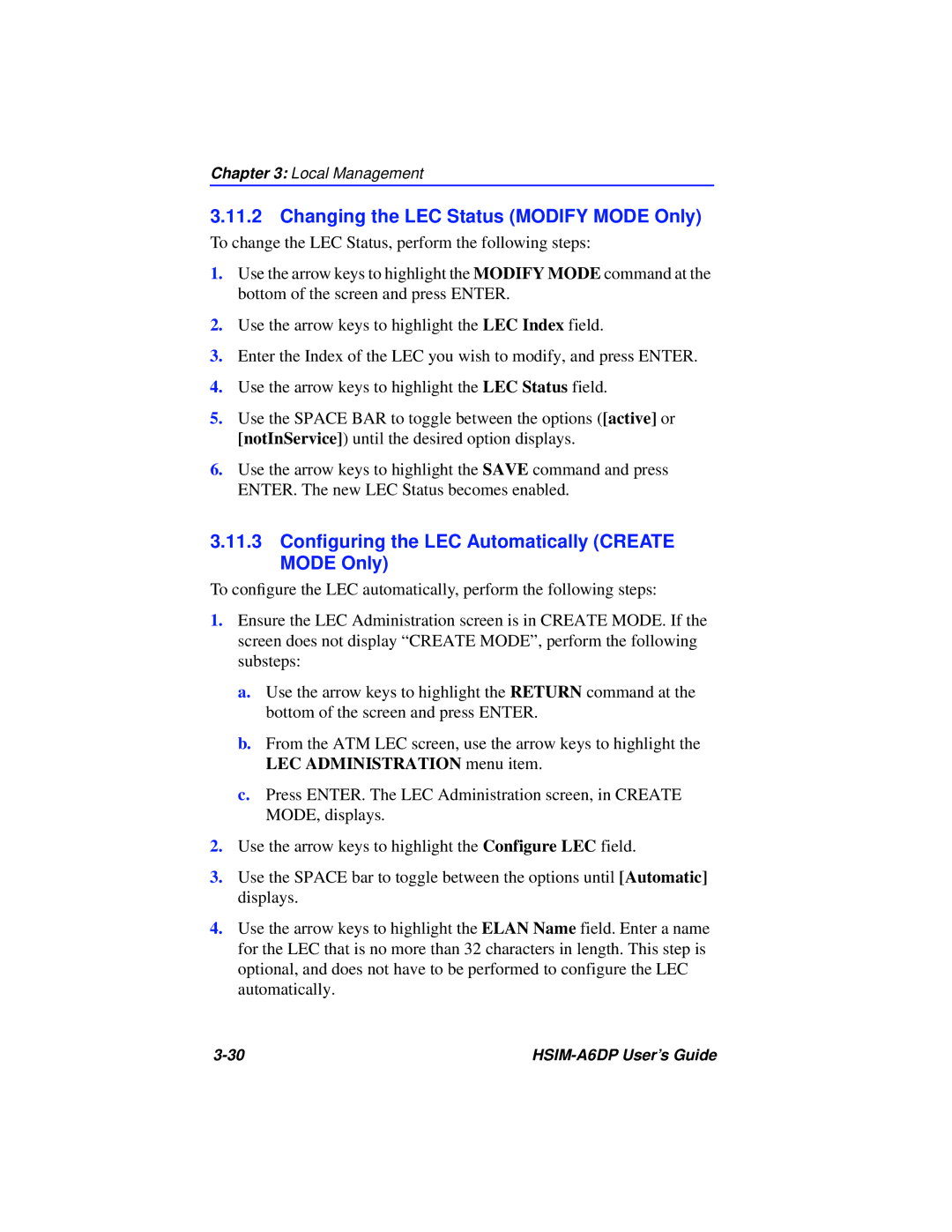 Cabletron Systems HSIM-A6DP manual Changing the LEC Status Modify Mode Only 