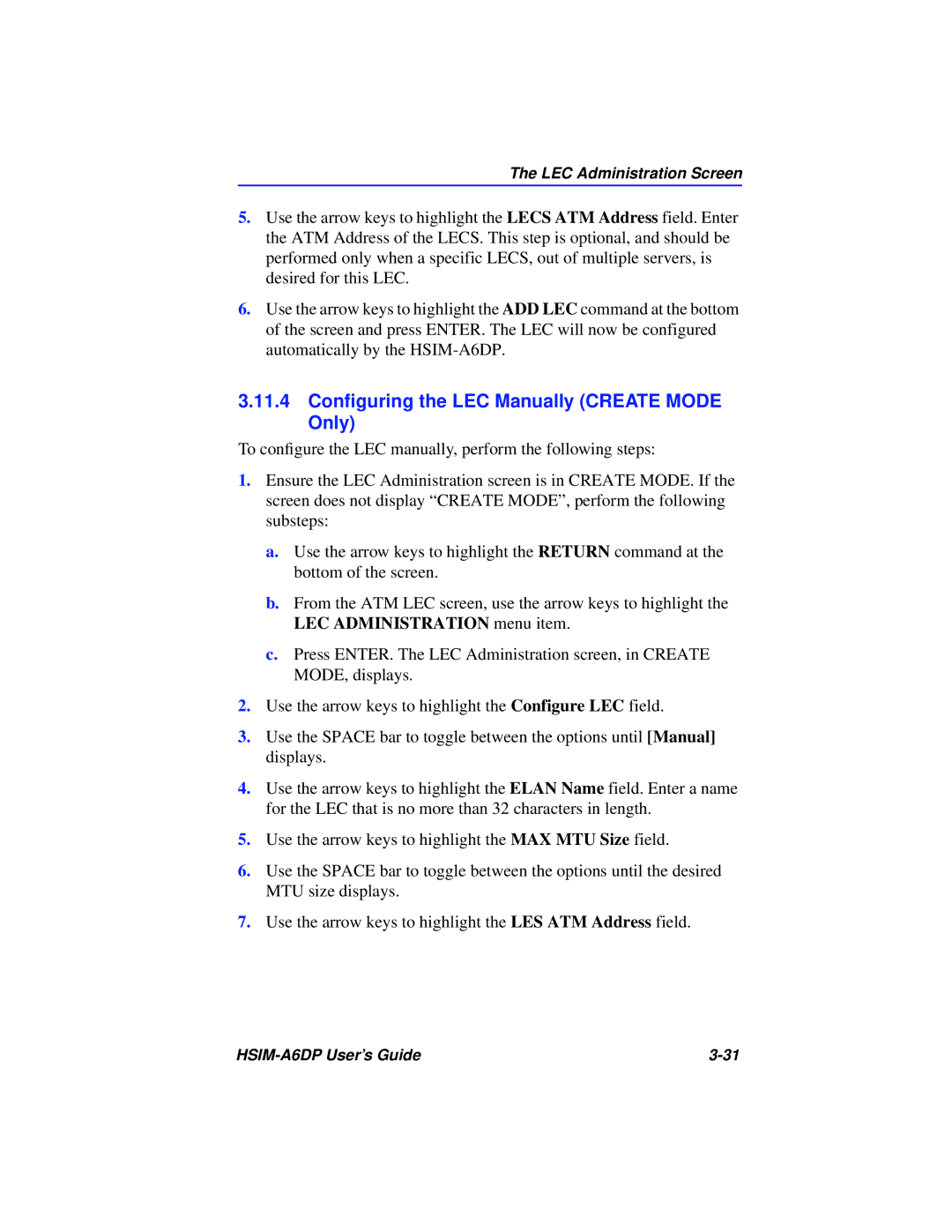 Cabletron Systems HSIM-A6DP manual 11.4 Conﬁguring the LEC Manually Create Mode Only 