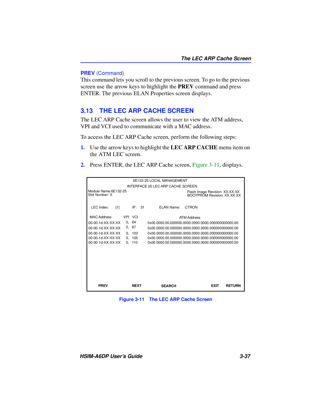 Cabletron Systems HSIM-A6DP manual Interface 25 LEC ARP Cache Screen 