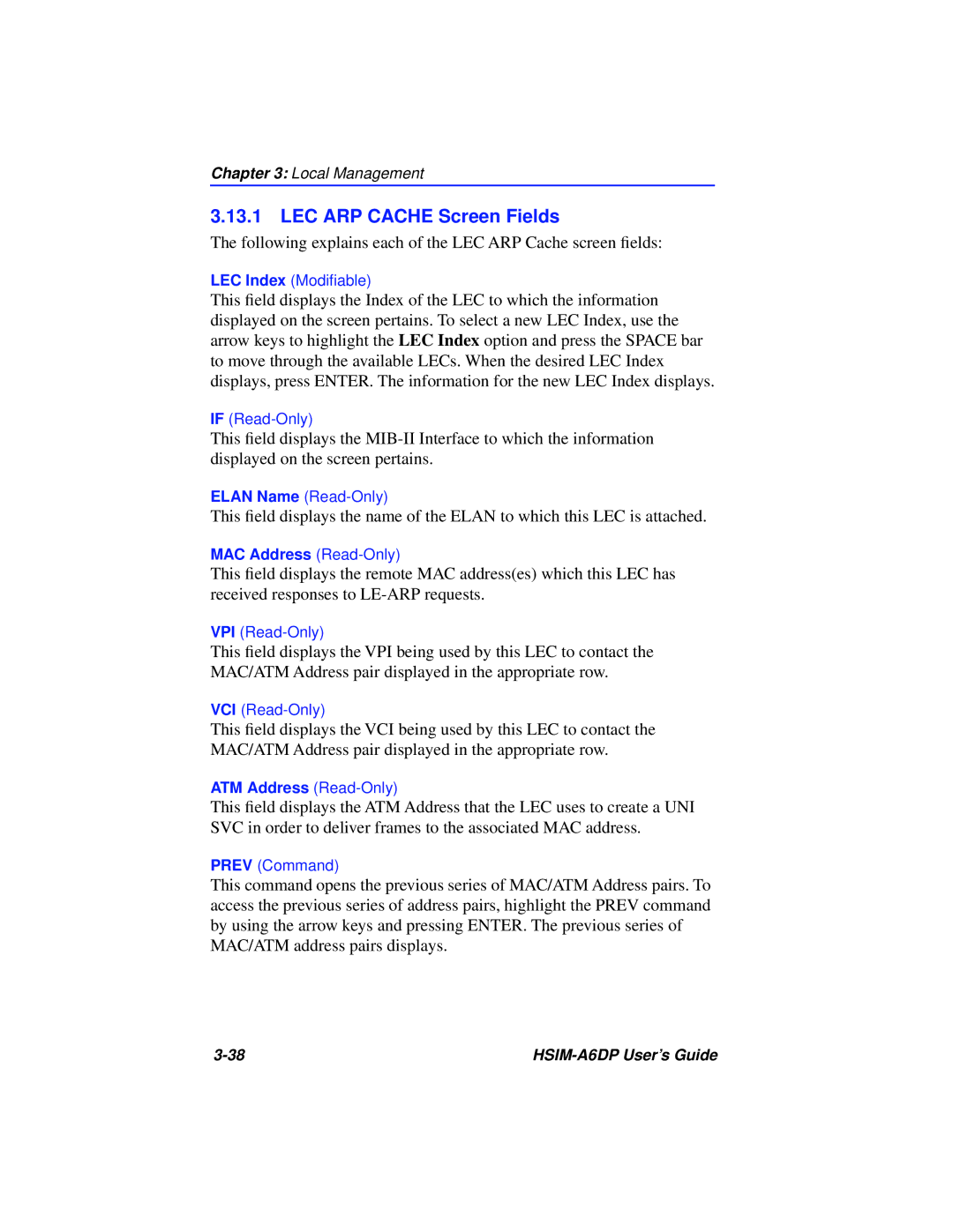 Cabletron Systems HSIM-A6DP manual LEC ARP Cache Screen Fields 