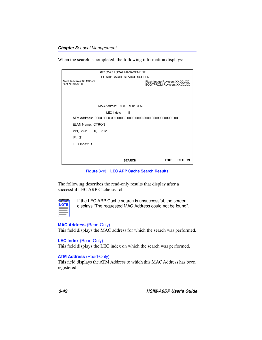 Cabletron Systems HSIM-A6DP manual LEC ARP Cache Search Results 