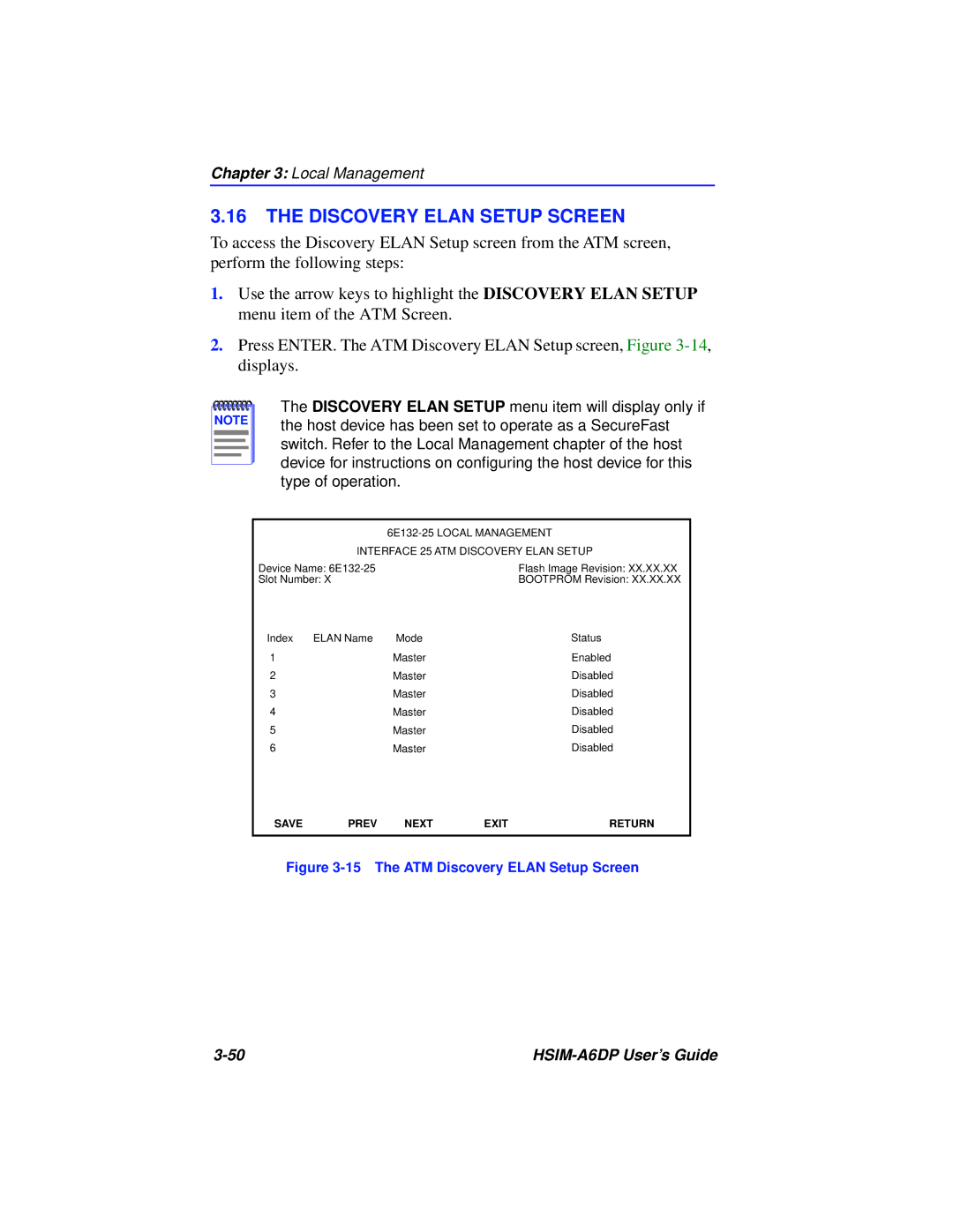 Cabletron Systems HSIM-A6DP manual The ATM Discovery Elan Setup Screen 