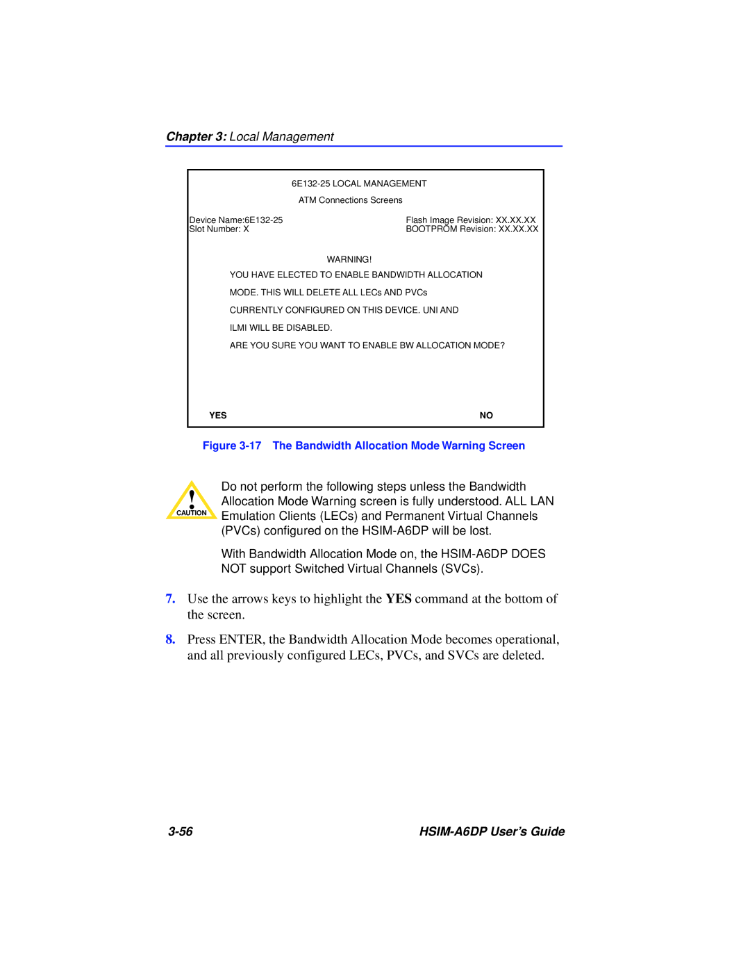 Cabletron Systems HSIM-A6DP manual The Bandwidth Allocation Mode Warning Screen 