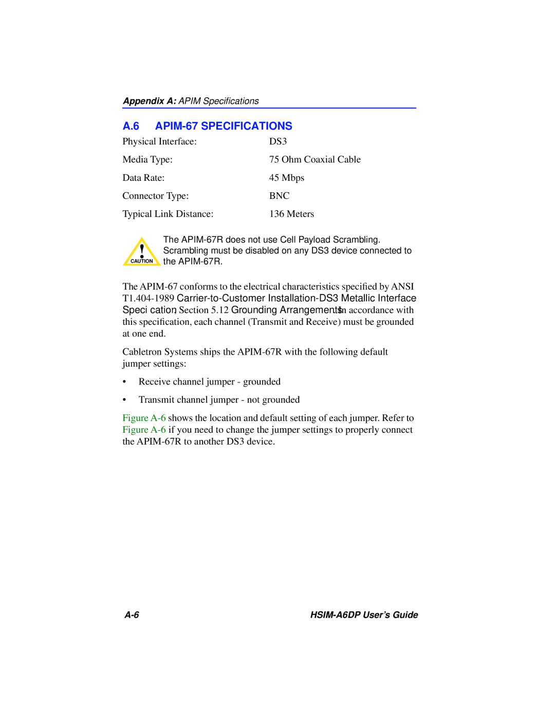 Cabletron Systems HSIM-A6DP manual APIM-67 Specifications, Bnc 