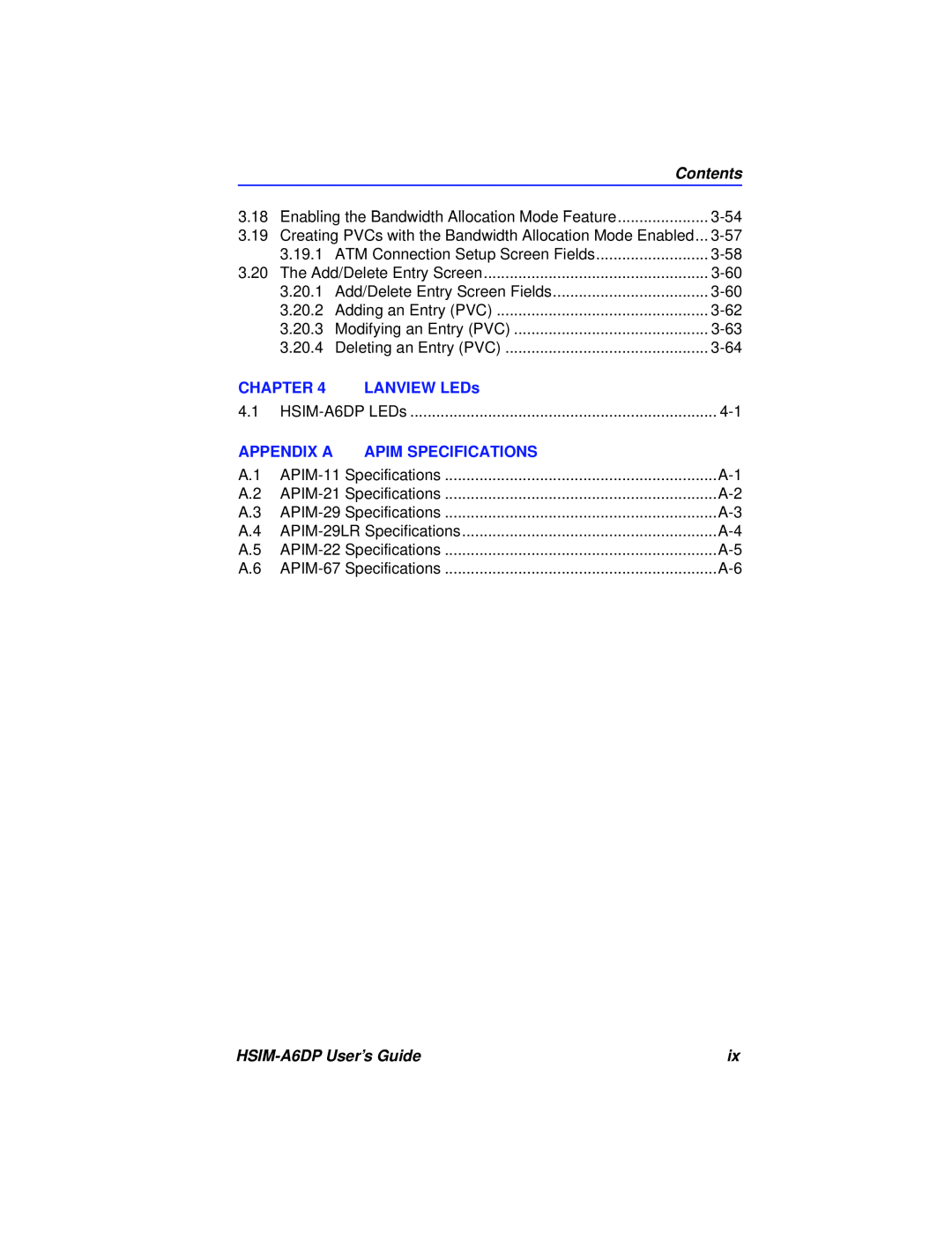 Cabletron Systems manual Contents, Chapter, LANVIEW LEDs, Appendix A, Apim Specifications, HSIM-A6DP User’s Guide 