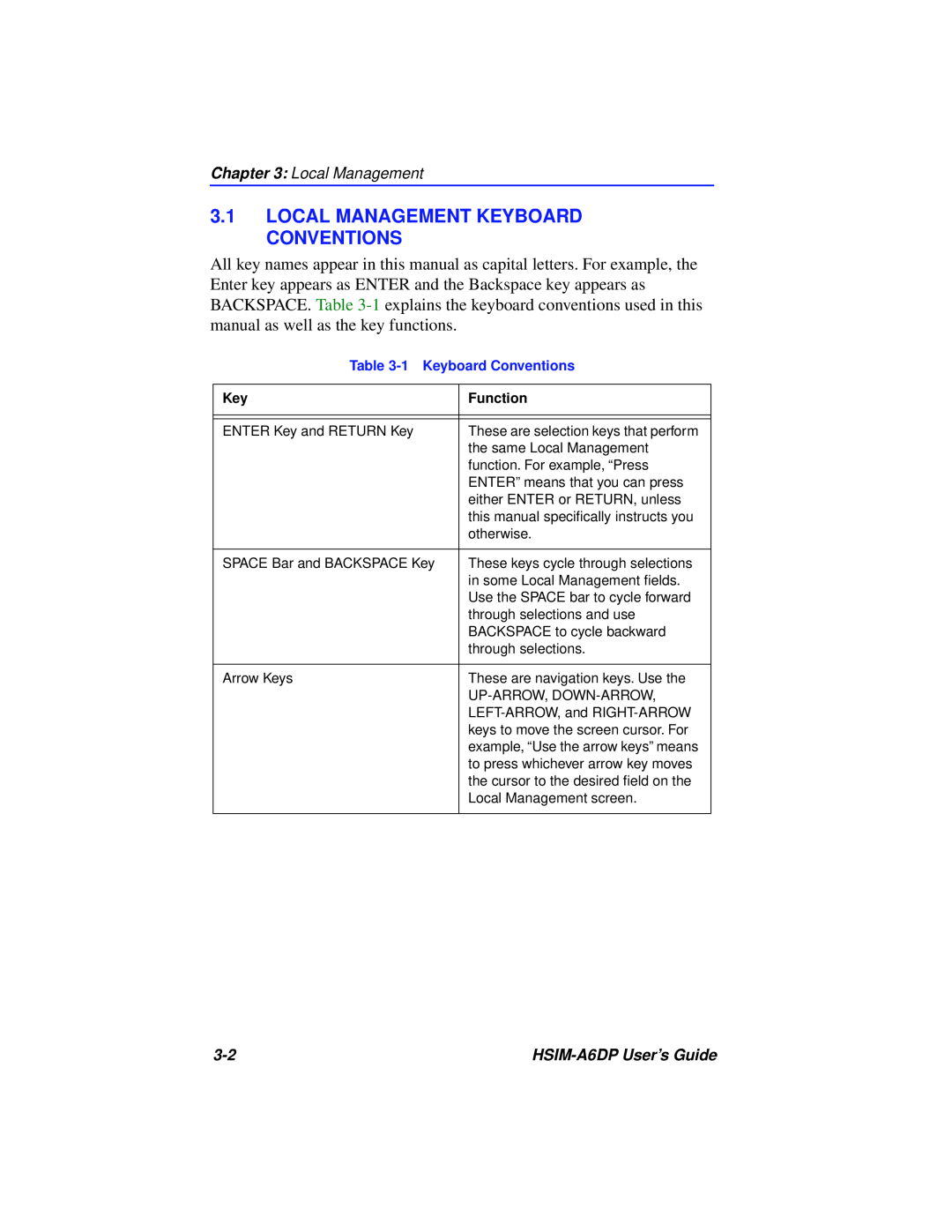 Cabletron Systems manual Local Management Keyboard Conventions, HSIM-A6DP User’s Guide, 1 Keyboard Conventions, Function 