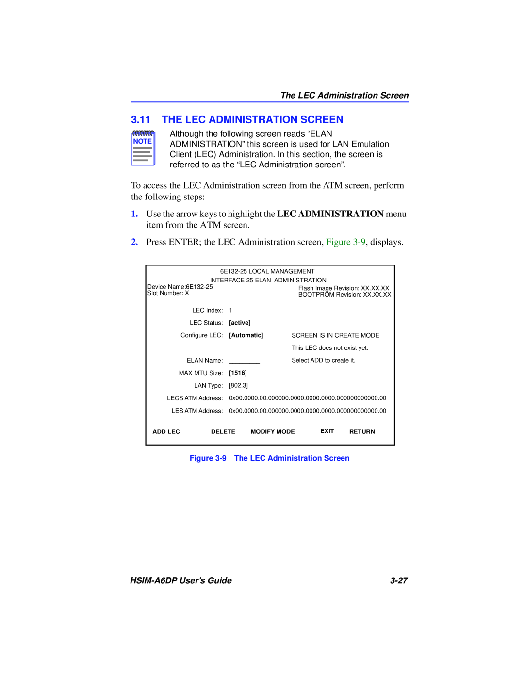 Cabletron Systems HSIM-A6DP manual The Lec Administration Screen 