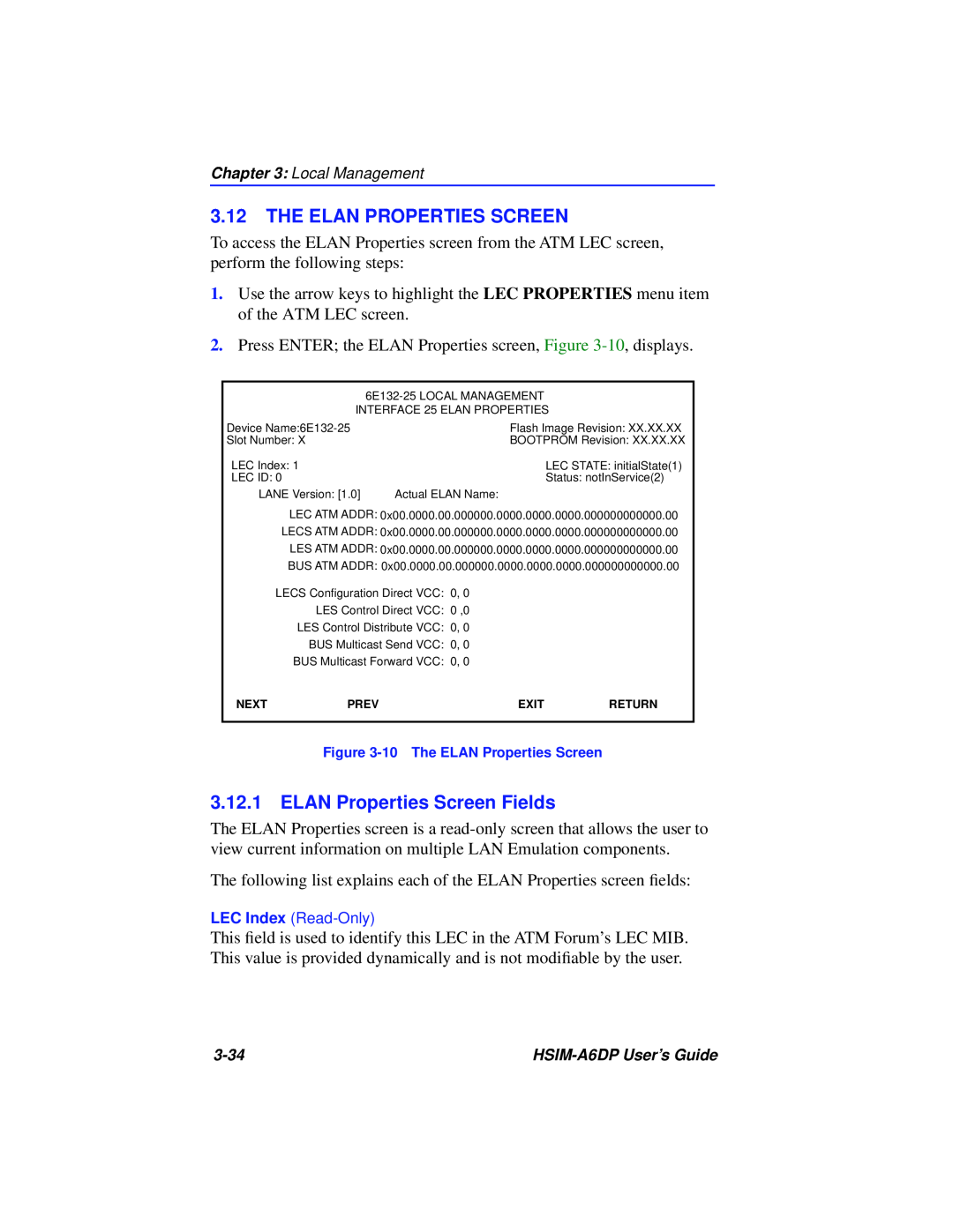 Cabletron Systems HSIM-A6DP manual The Elan Properties Screen, ELAN Properties Screen Fields 
