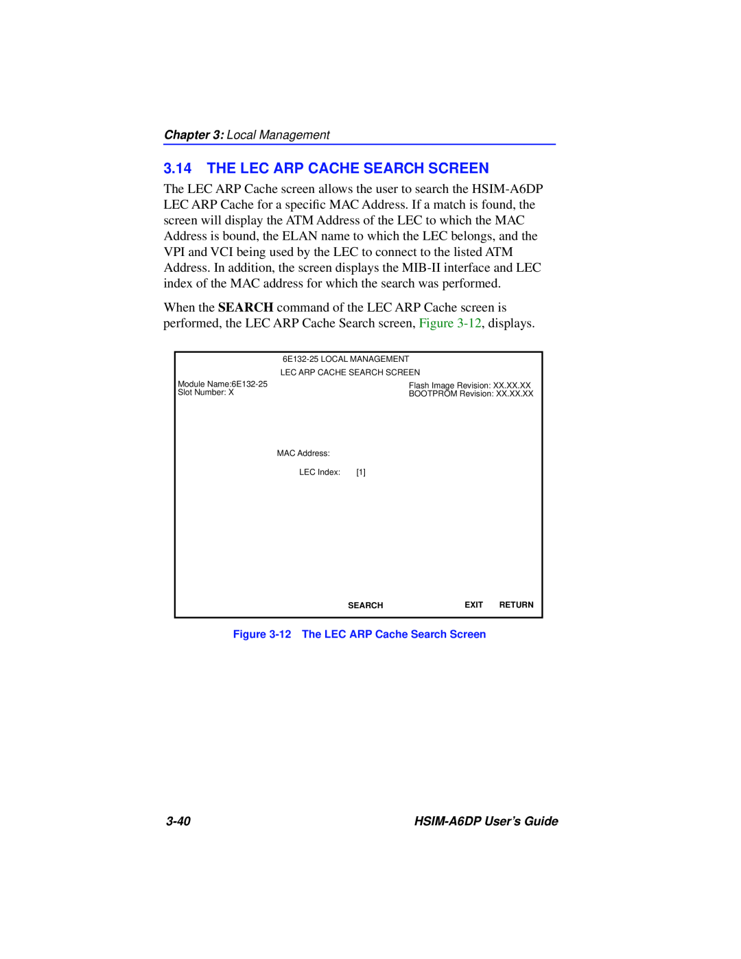 Cabletron Systems HSIM-A6DP manual The Lec Arp Cache Search Screen, 12 The LEC ARP Cache Search Screen 