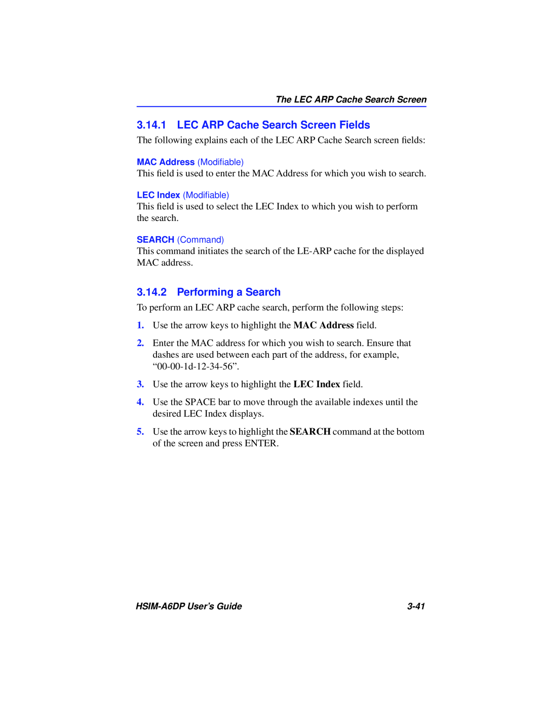 Cabletron Systems HSIM-A6DP manual LEC ARP Cache Search Screen Fields, Performing a Search 