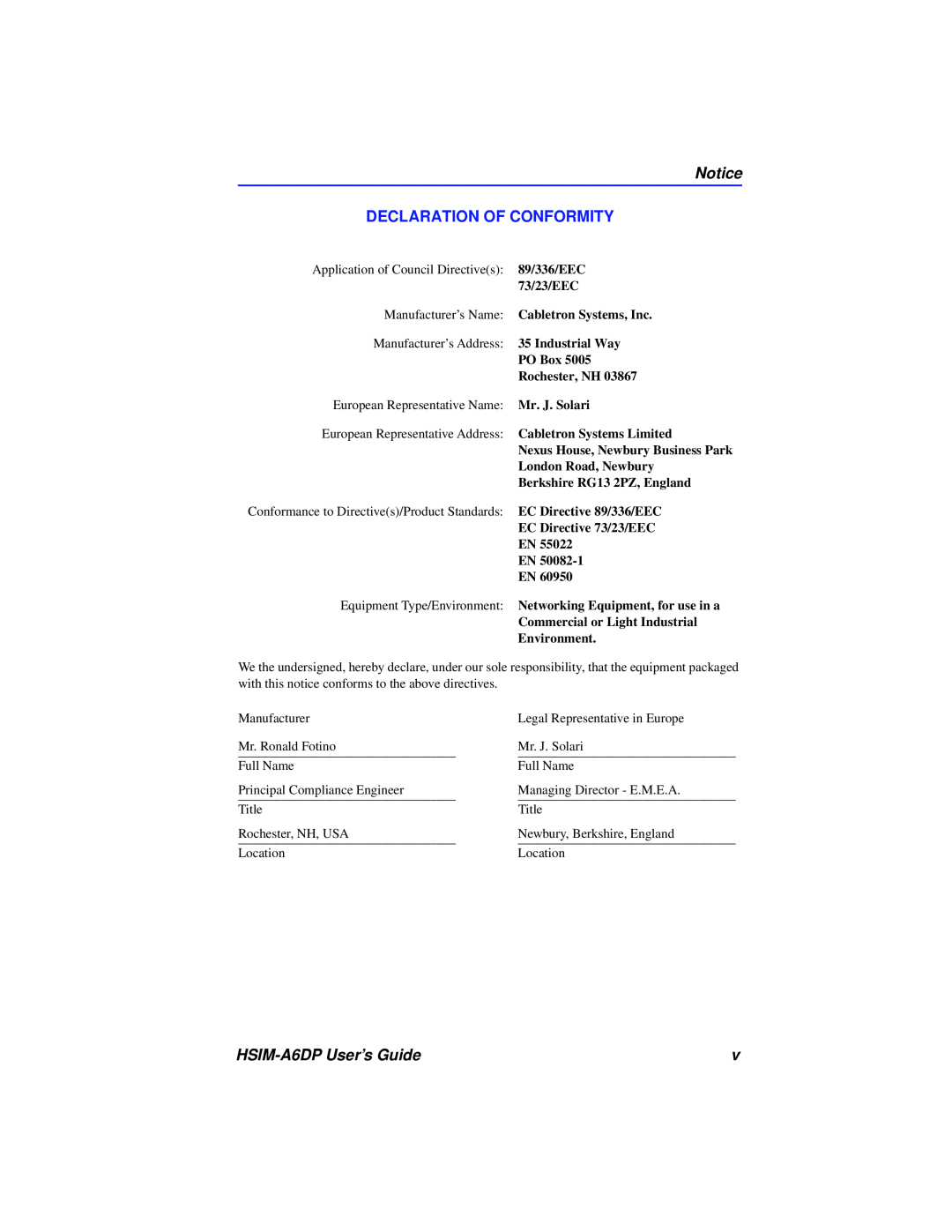 Cabletron Systems manual Declaration Of Conformity, HSIM-A6DP User’s Guide, Manufacturer’s Name Cabletron Systems, Inc 