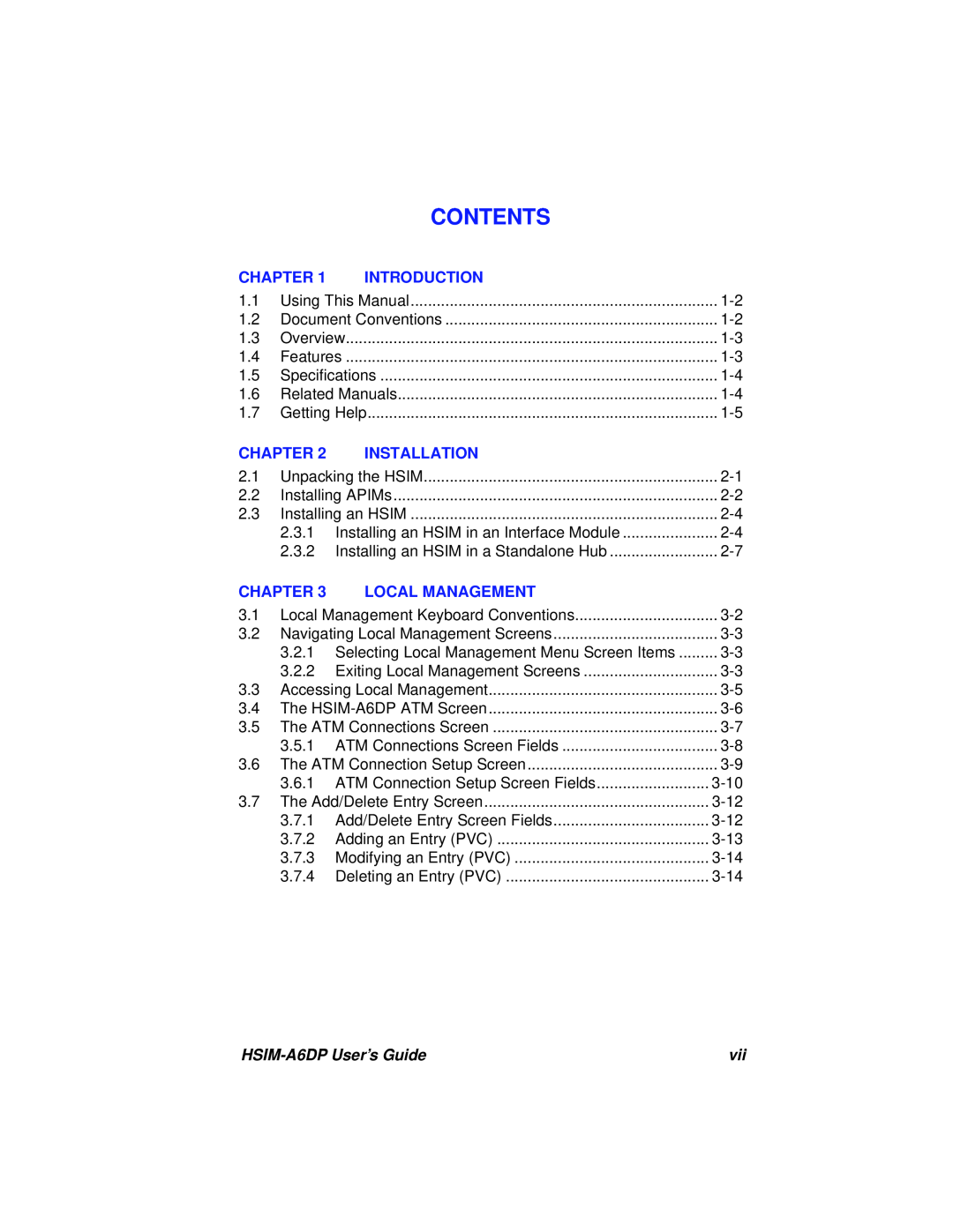 Cabletron Systems manual Contents, Chapter, Introduction, Installation, Local Management, HSIM-A6DP User’s Guide 