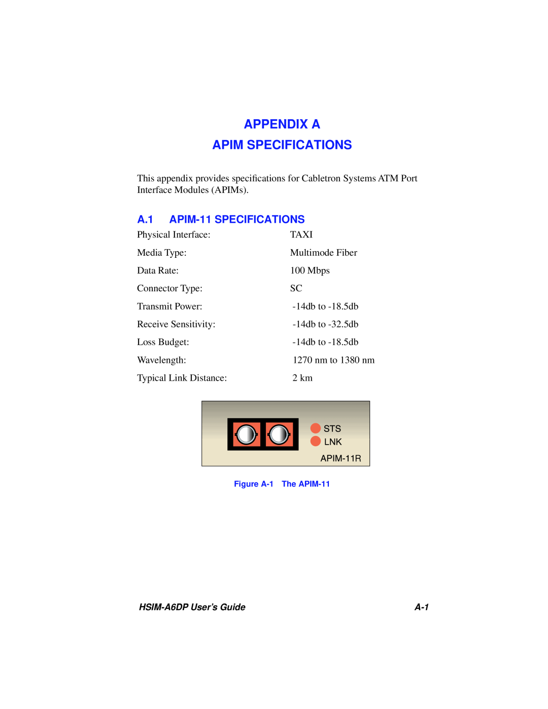 Cabletron Systems HSIM-A6DP manual Appendix A Apim Specifications, A.1 APIM-11 SPECIFICATIONS 