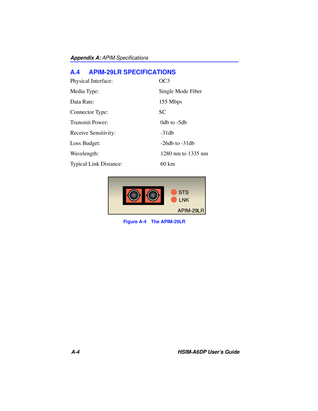 Cabletron Systems HSIM-A6DP manual A.4 APIM-29LR SPECIFICATIONS 