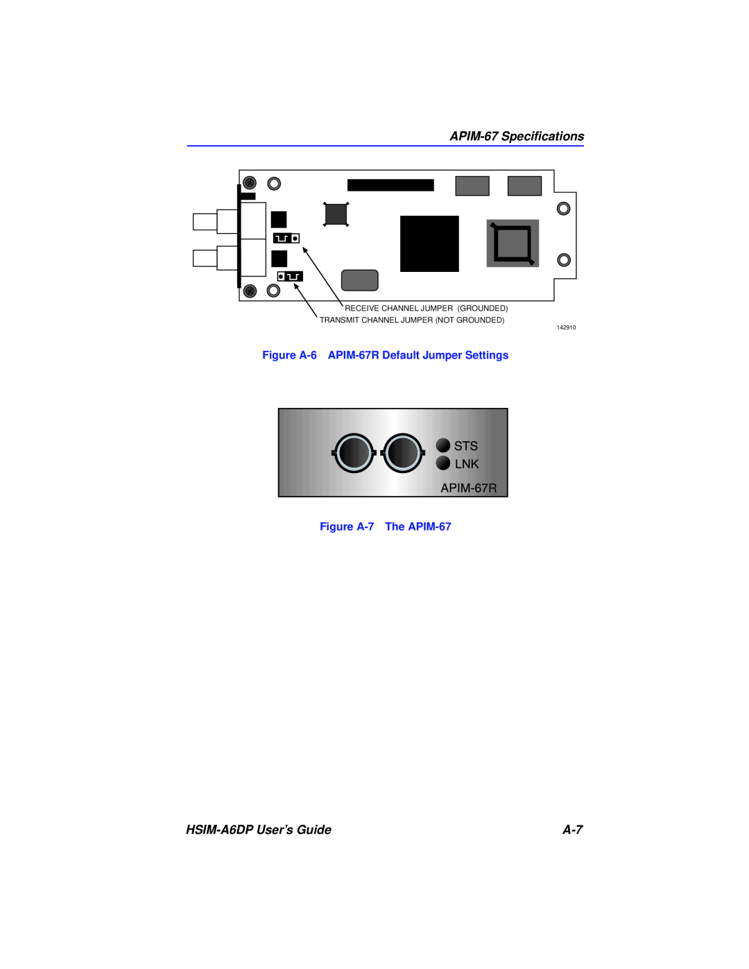 Cabletron Systems APIM-67 Speciﬁcations, HSIM-A6DP User’s Guide, Figure A-6 APIM-67R Default Jumper Settings, 142910 